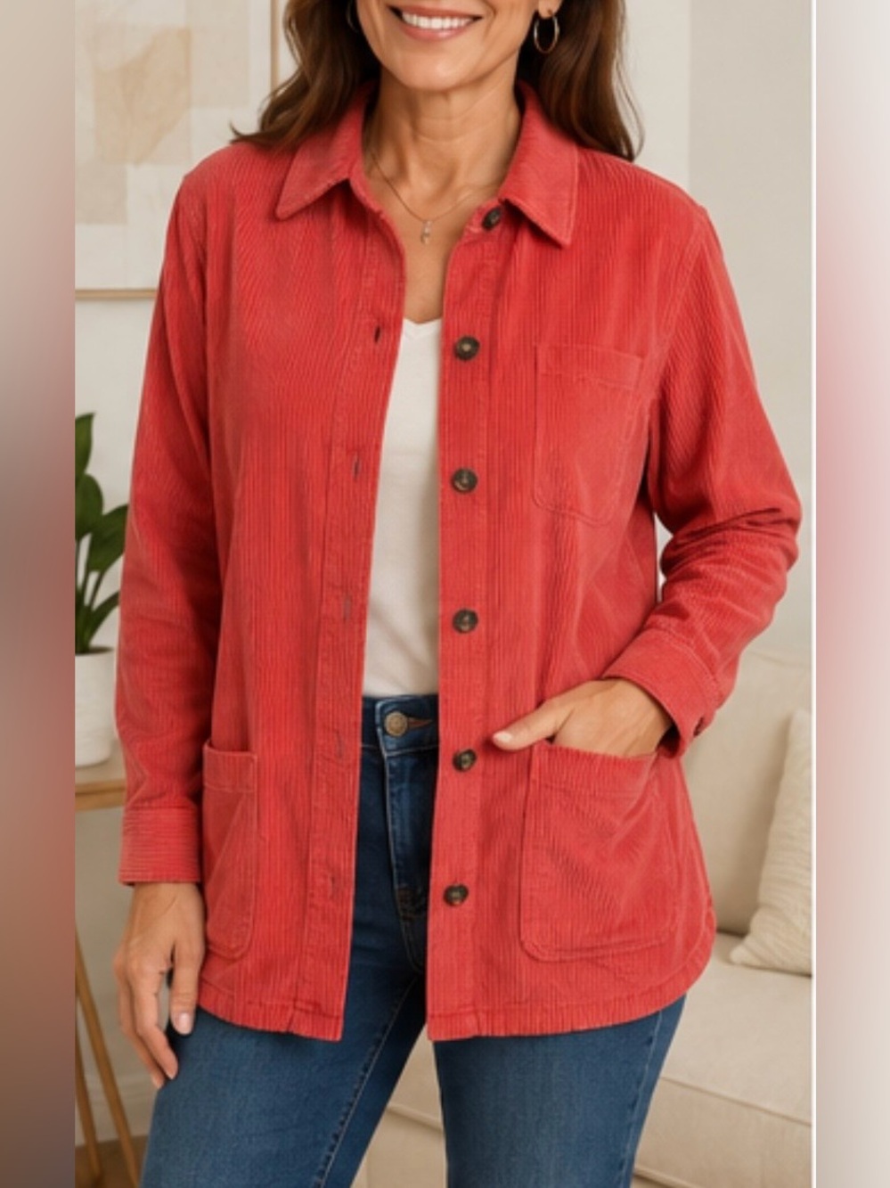 Appleseed's Corduroy Button Front Jacket Shirt
Coral Red 100% Cotton Size Large